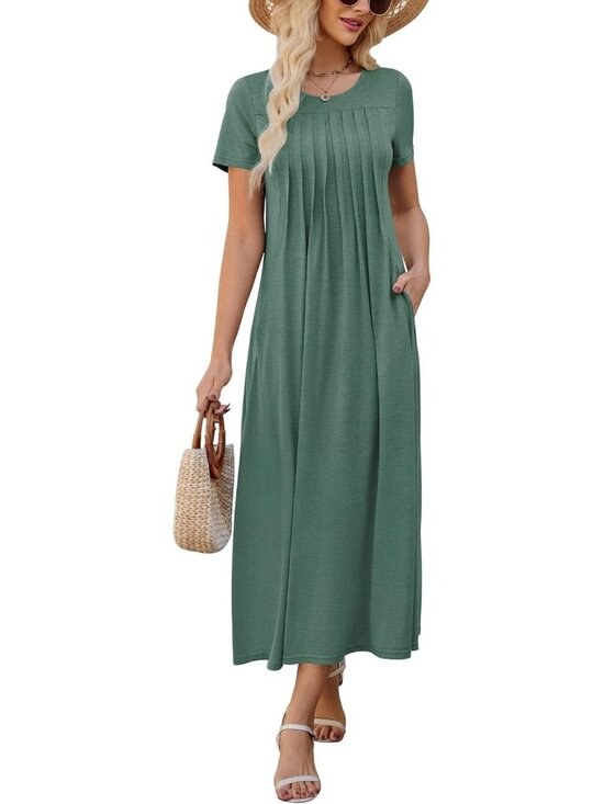 Dresses & Skirts - Women's Summer Green Casual Short Sleeve Crewneck Pleated Flowy Beach Maxi Dress